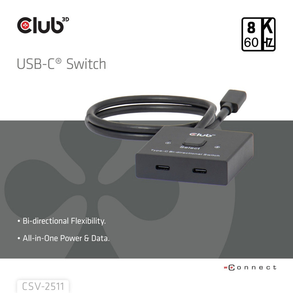 Club 3d usb-c bi-directional video + data + pd switch usb-switch (zwart)
