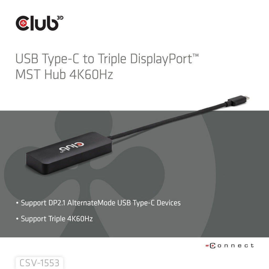 Club 3d usb-c naar triple displayport mst hub (zwart, 4k60hz)
