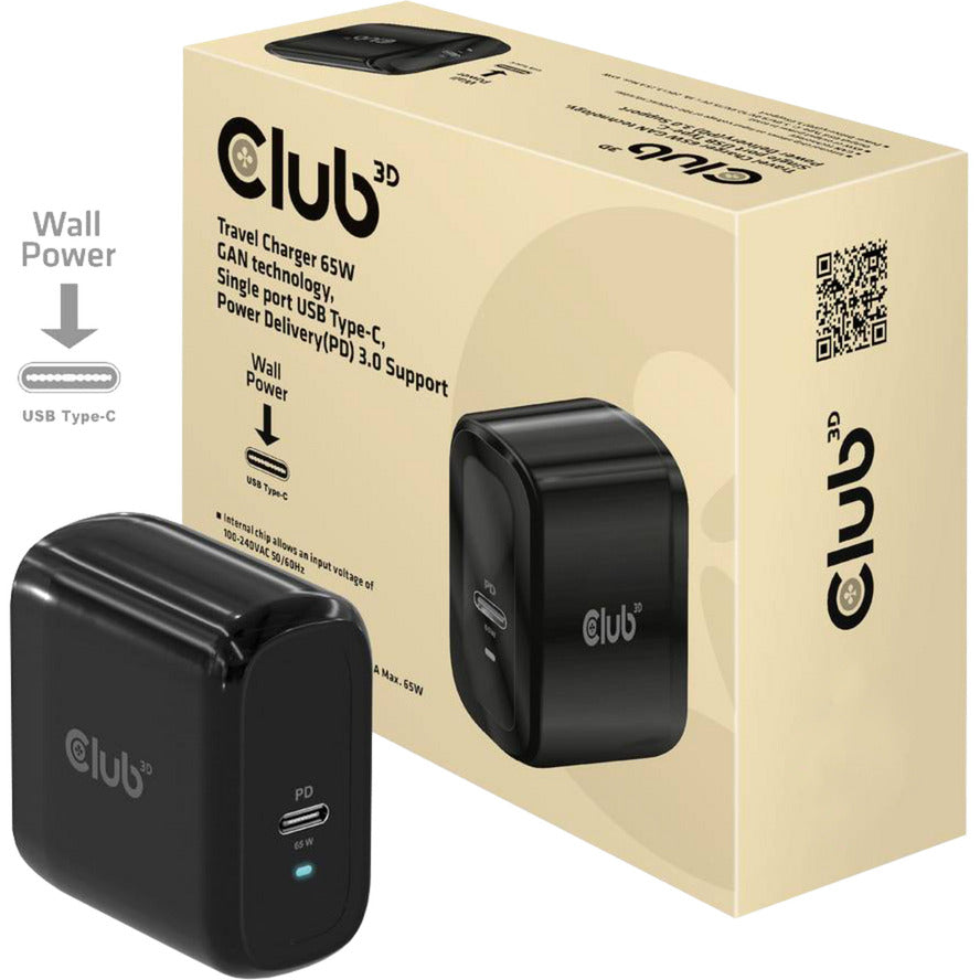 Club 3d travel charger pps 65w gan technology (zwart, 1x usb-c, usb-c, power delivery(pd) 3.0)