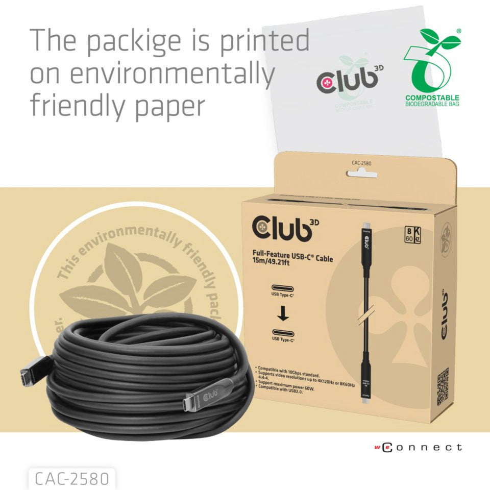 Club 3d full-feature usb-c kabel, 15m (zwart, 8k60hz 10gbps 60w)