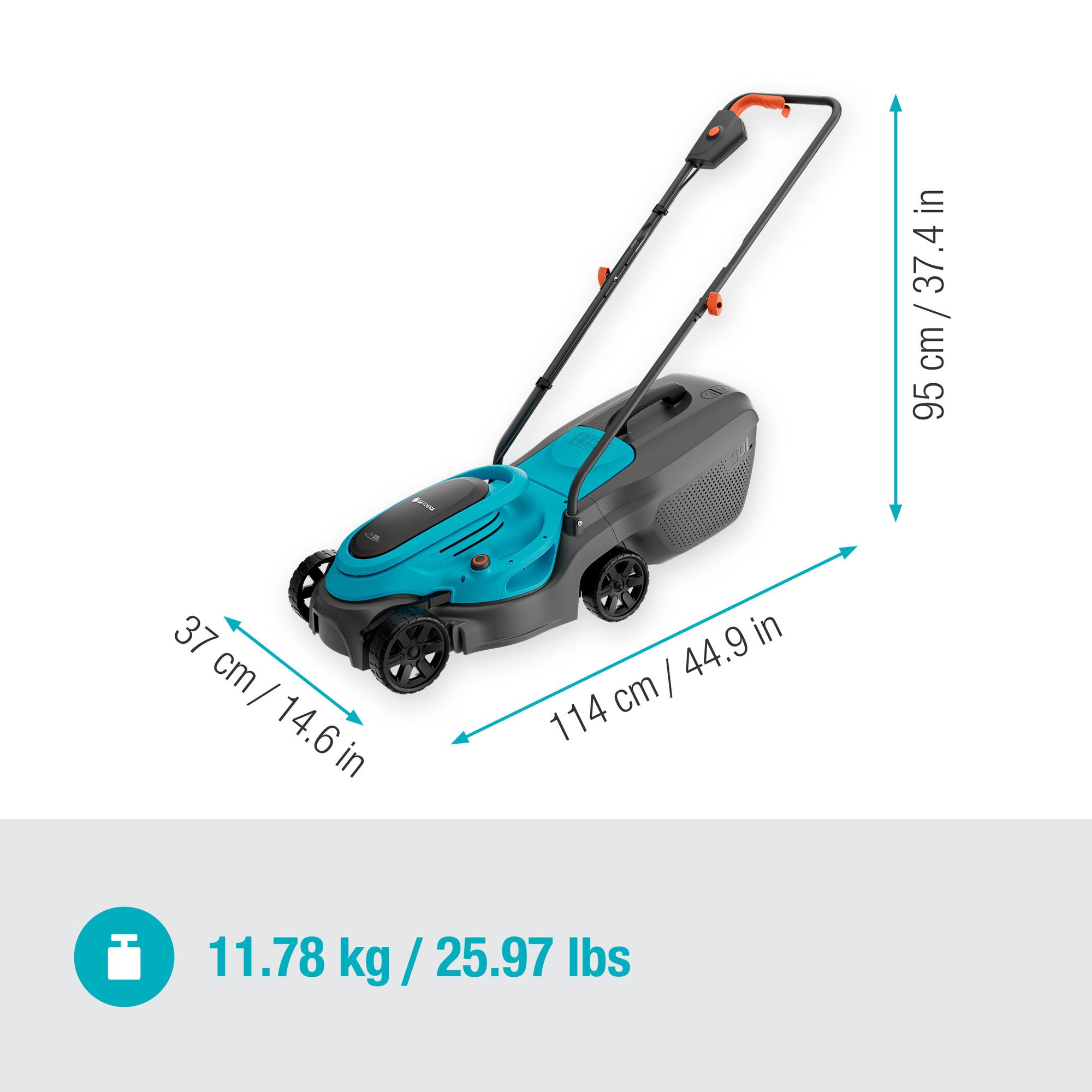 Gardena grasmaaier easymax 32 18v (turquoise grijs, 1x systeemaccu p4a pba 18v 72, 1x snellader p4a al 1830 cv inbegrepen)