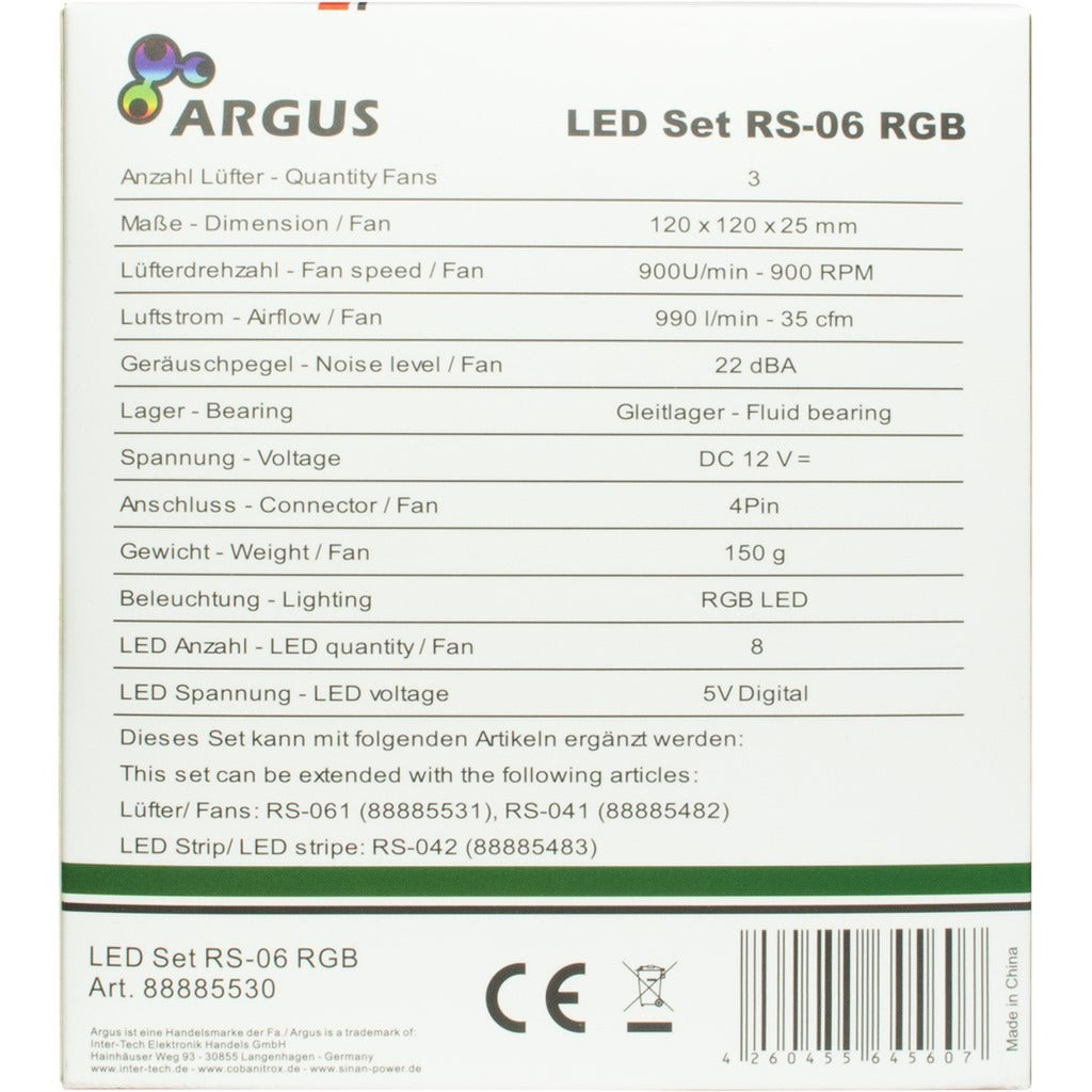 Inter-tech argus rgb-fan set rs-06 case fans (3 stuks, 120 x 120 x 25 mm, pwm)