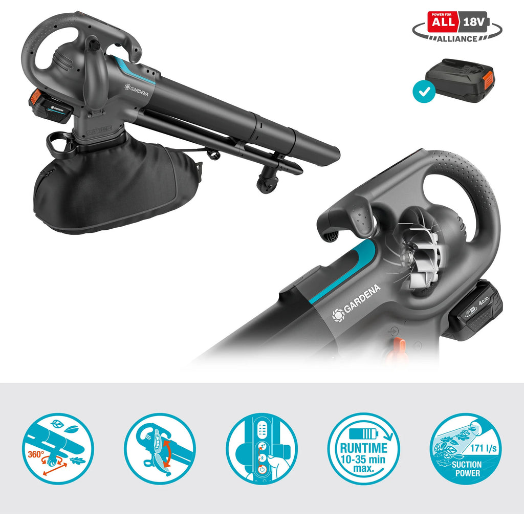 Gardena stofzuiger -blazer powerjet collect bladzuiger bladblazer (grijs zwart, 18v p4a-accu en oplader inbegrepen)