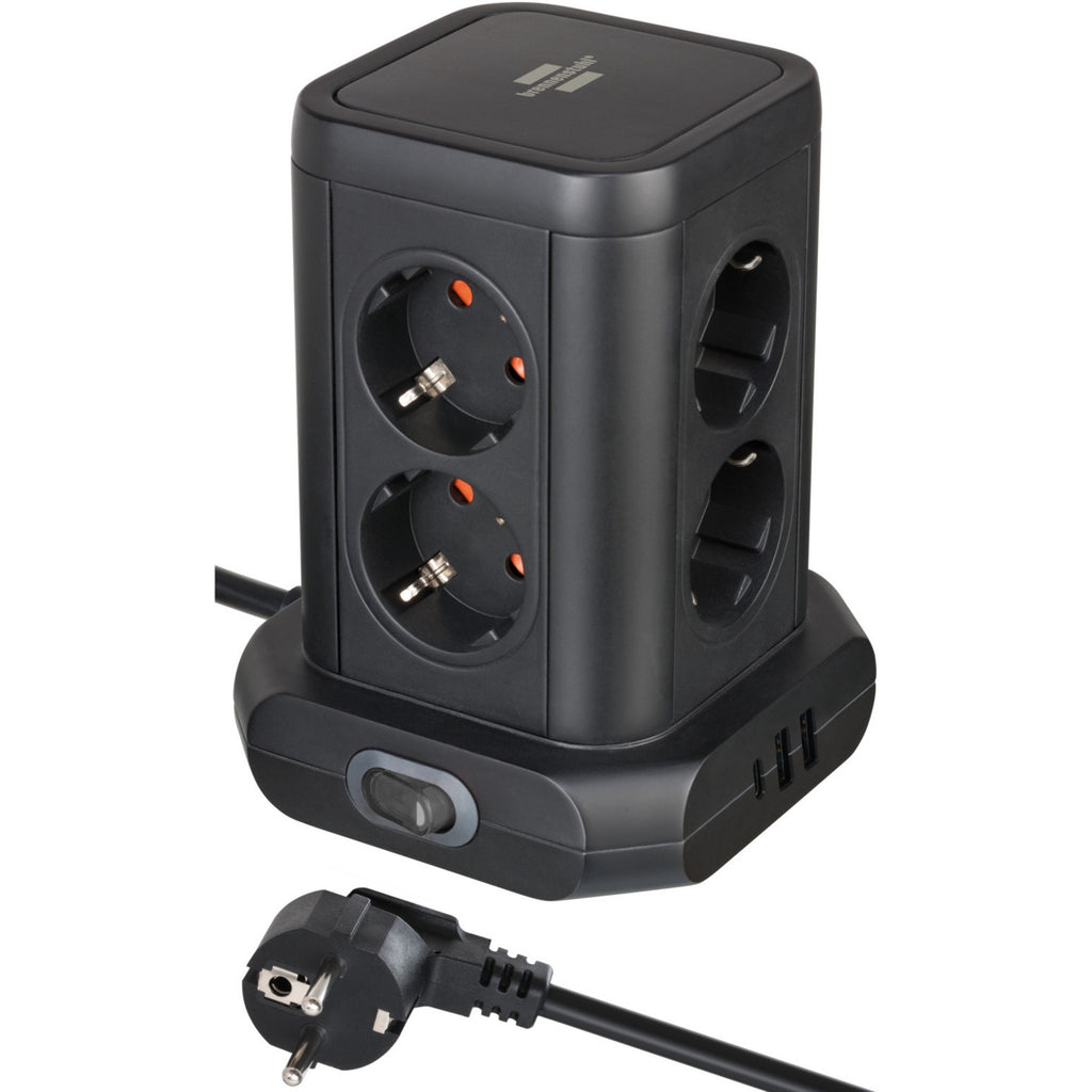 Brennenstuhl stekkerdoos toren met 8 stekkerdozen in 45° opstelling stekkerdoos (zwart, 2x usb a, 1x usb c power delivery)