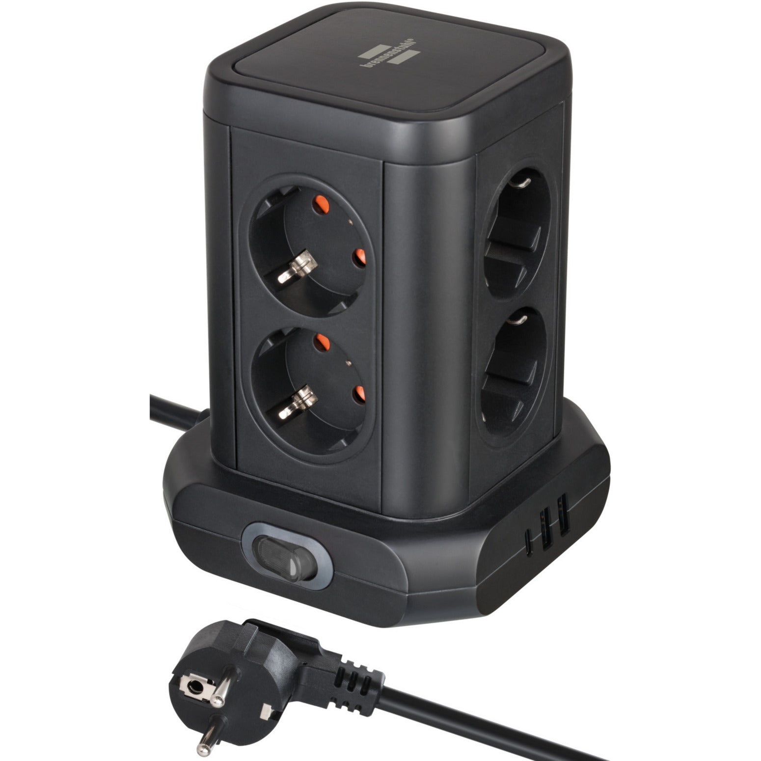 Brennenstuhl stekkerdoos toren met 8 stekkerdozen in 45° opstelling stekkerdoos (zwart, 2x usb a, 1x usb c power delivery)