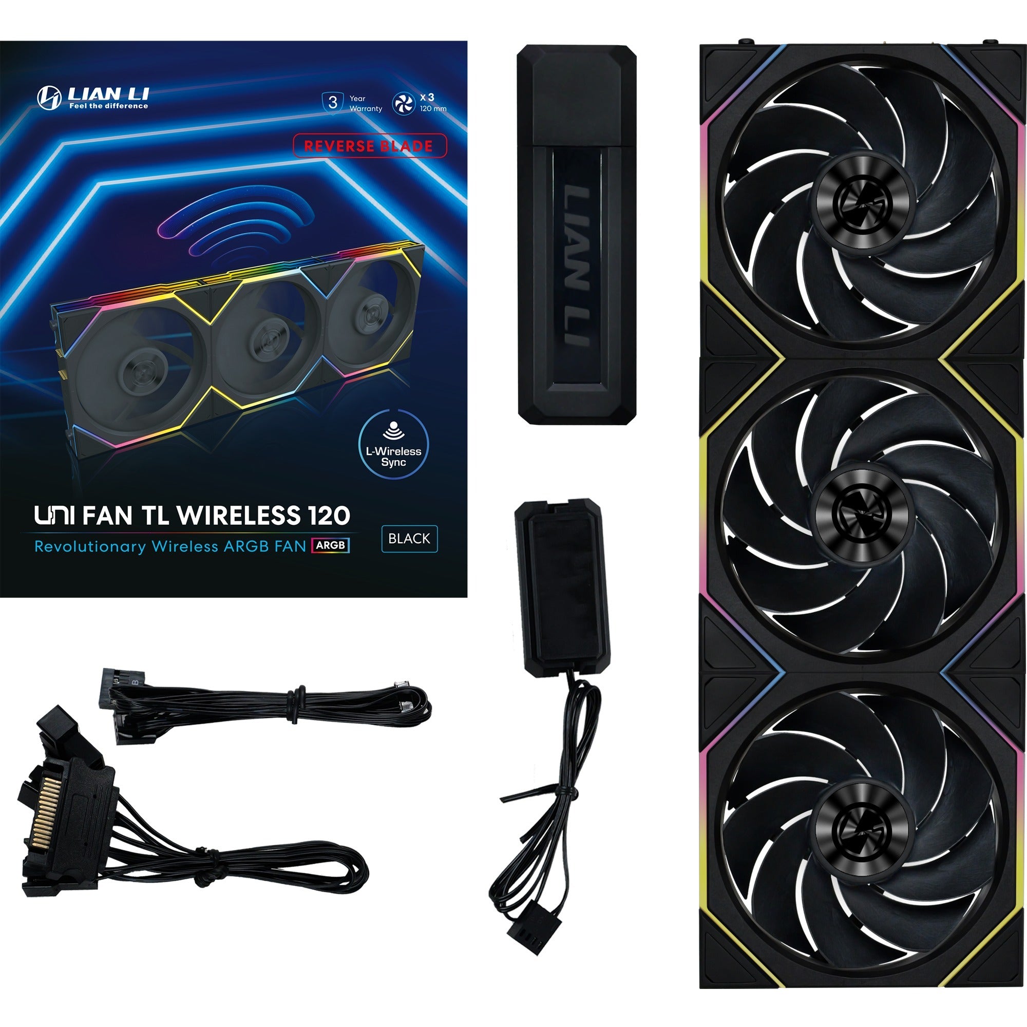 Lian li uni fan tl 120 wireless reverse blade rgb case fans (zwart, 3 stuks, 120 x 124 x 28 mm, pwm, incl. controller)