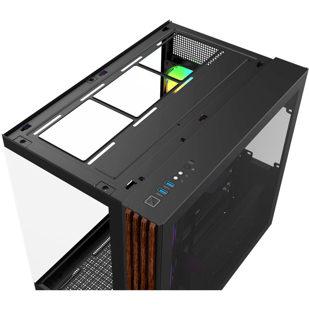 Thermaltake view 380 ws argb midi tower behuizing (zwart houtkleur | 2x usb-a | 1x usb-c | rgb | tempered glass)