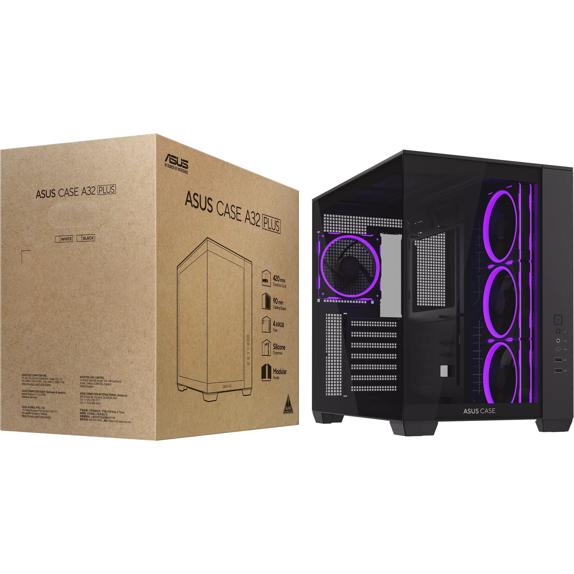 Asus a32 plus midi tower behuizing (zwart | 2x usb-a | 1x usb-c | rgb | tempered glass)