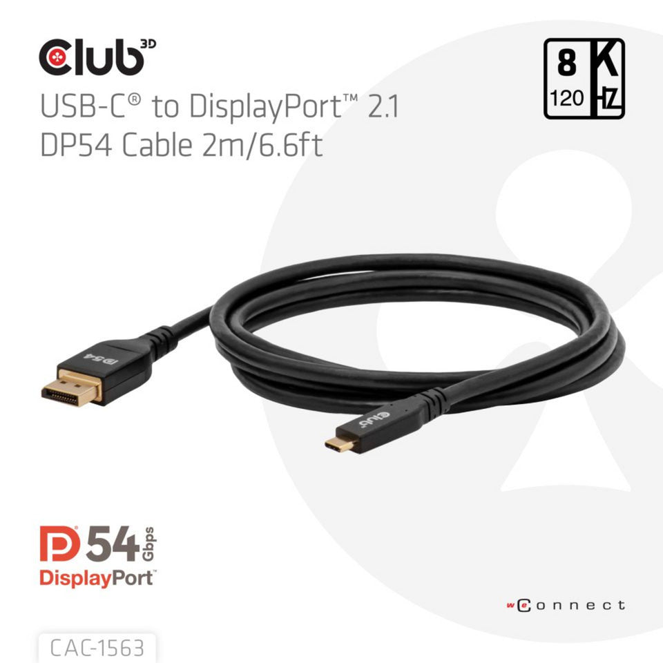 Club 3d usb-c naar displayport 2.1 dp54 bi-directioneel kabel, 8k120hz 2m (zwart)