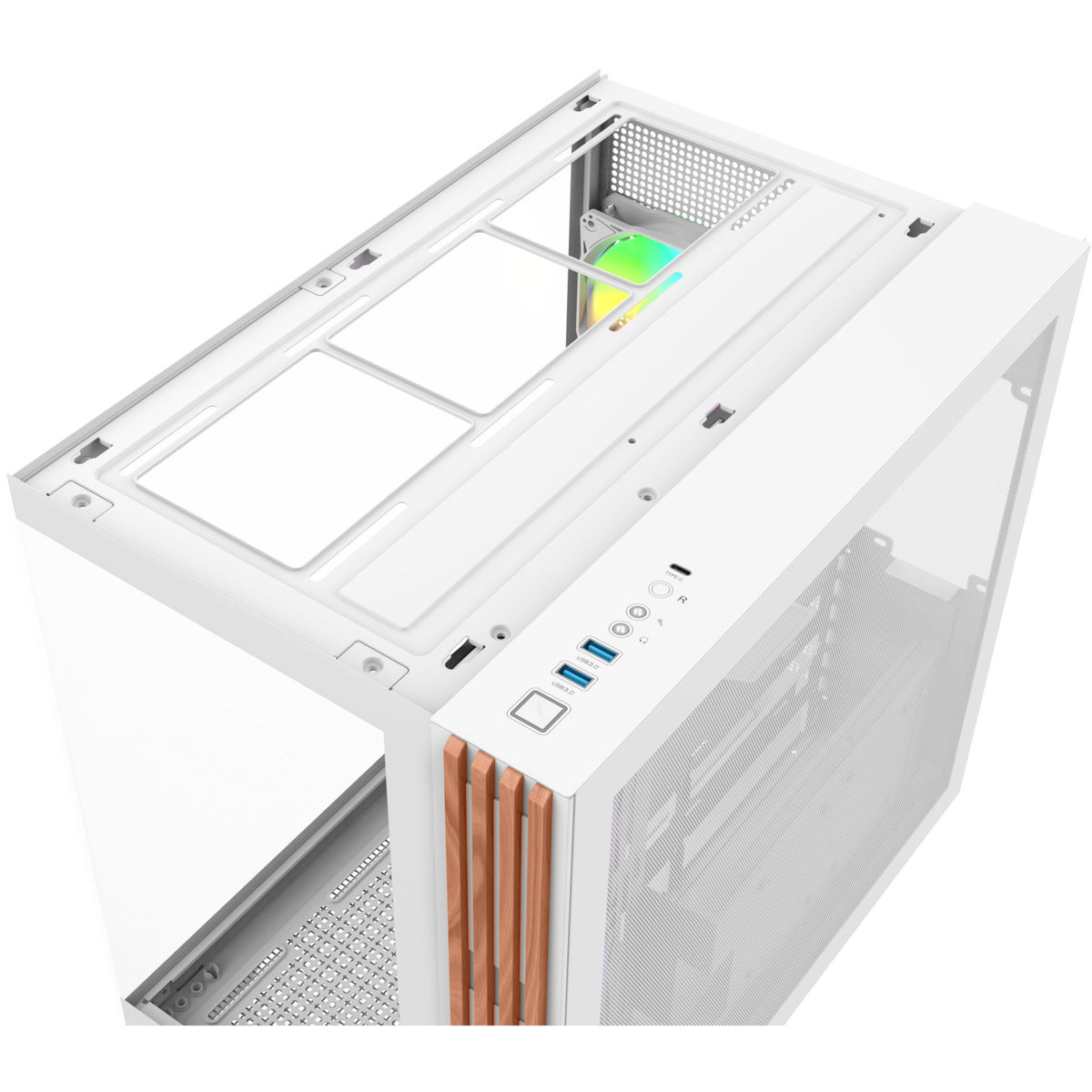 Thermaltake view 380 ws argb snow midi tower behuizing (wit houtkleur | 2x usb-a | 1x usb-c | rgb | tempered glass)