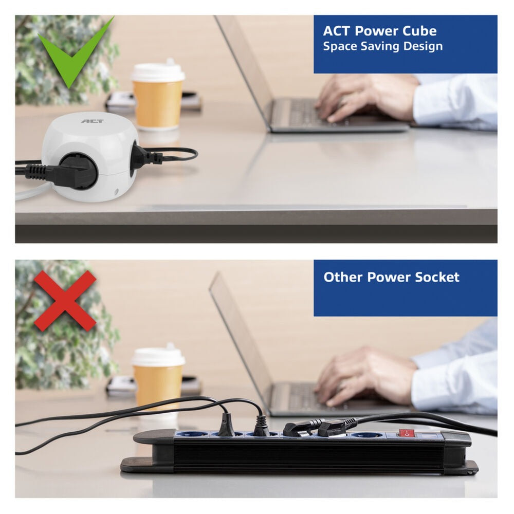 Act connectivity stekkerdoos kubus met 3 stopcontacten, 30w power delivery usb-c a poorten, kabellengte 1,5m stekkerdoos (wit, type e)