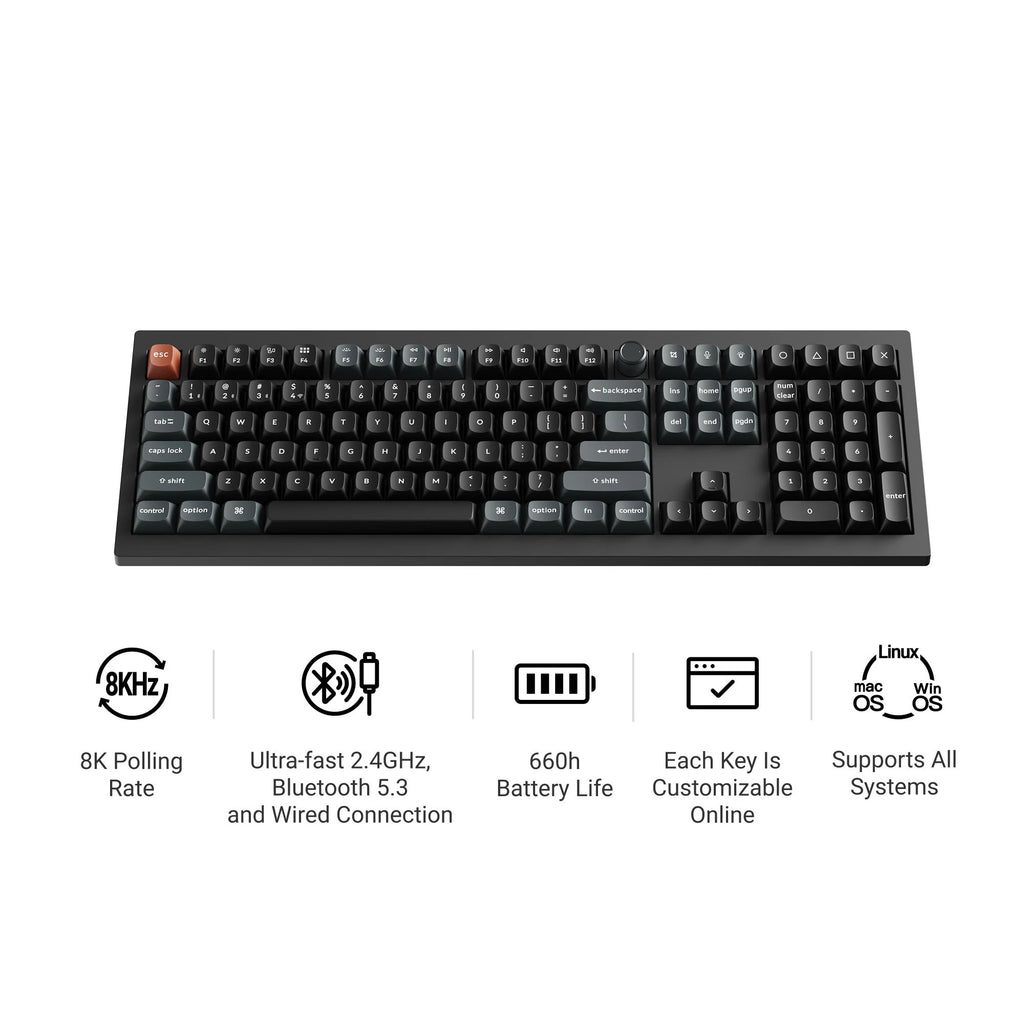 Keychron v6 ultra 8k wireless custom mechanical keyboard (zwart, us lay-out (qwerty), silk pom banana, 100%, rgb, hot swap, 2.4 ghz | bluetooth 5.3 | usb-c)