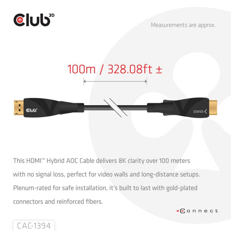 Club 3d hdmi hybrid aoc cable 8k60hz 4k120hz, 100 m kabel (zwart)