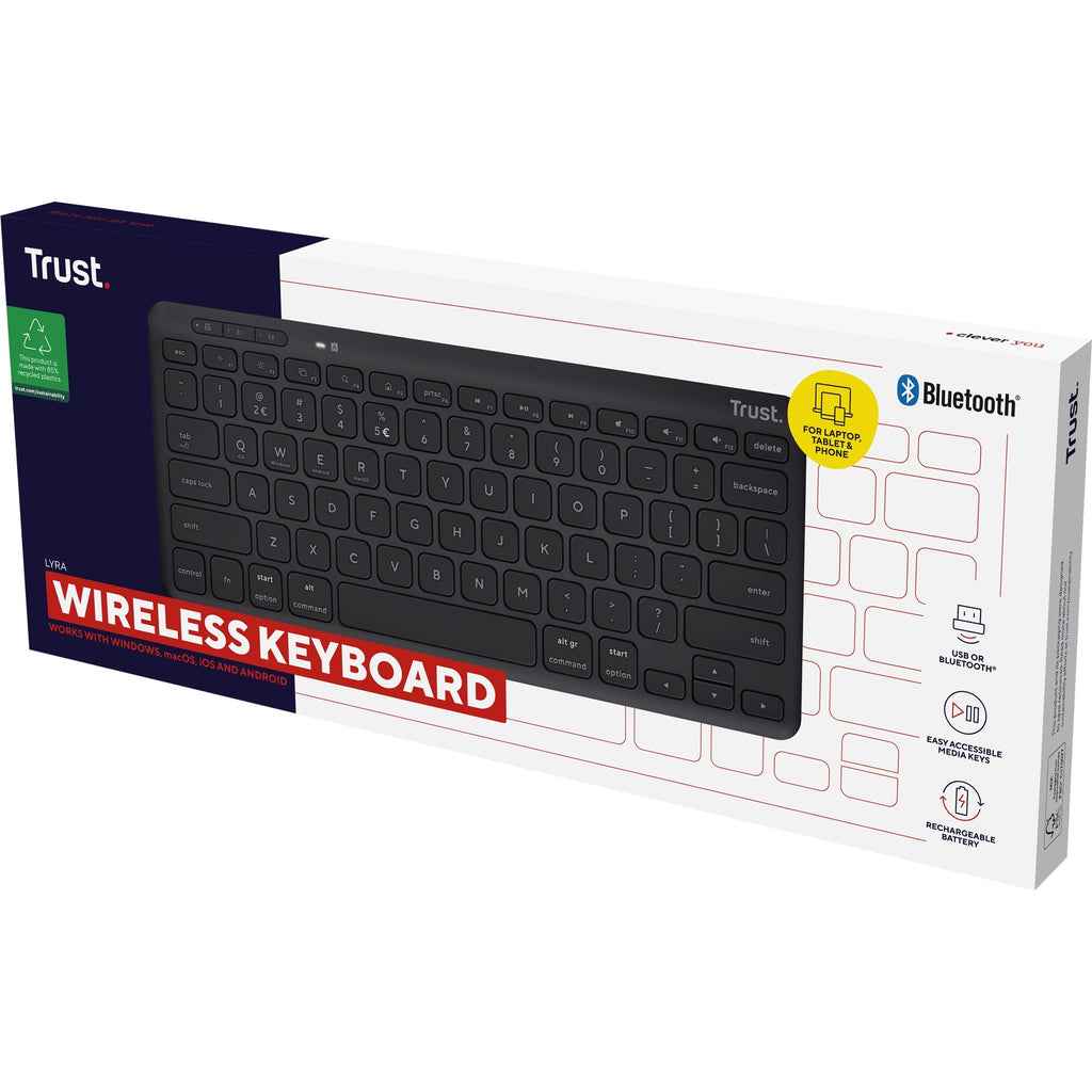 Trust lyra compact draadloos toetsenbord (zwart, us lay-out (qwerty), scissor switches, 65%, 2,4 ghz usb, bluetooth)