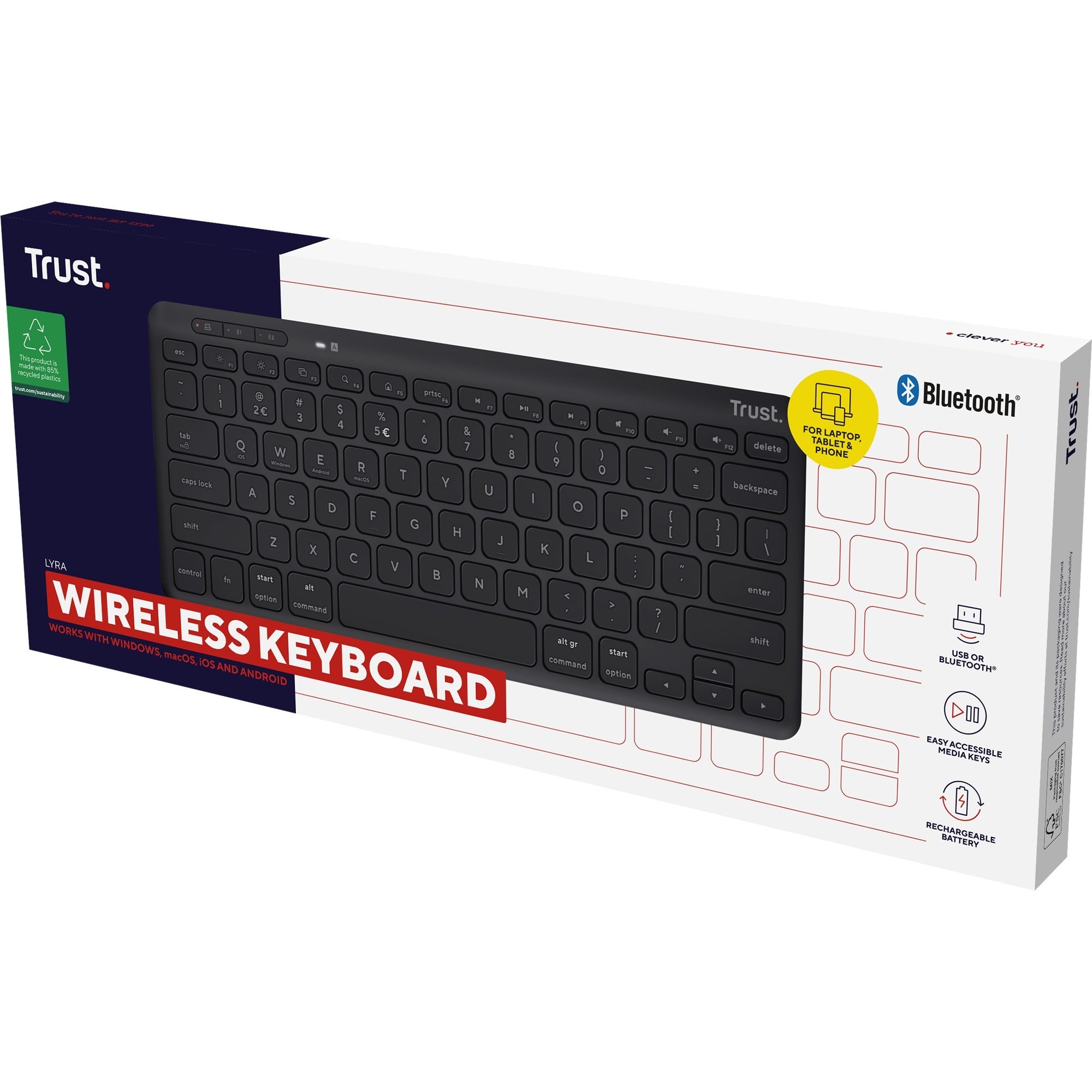 Trust lyra compact draadloos toetsenbord (zwart, us lay-out (qwerty), scissor switches, 65%, 2,4 ghz usb, bluetooth)