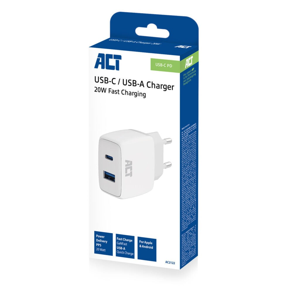 Act connectivity usb-c usb-a lader 20w met power delivery pps, quick charge, ganfast oplader (wit)