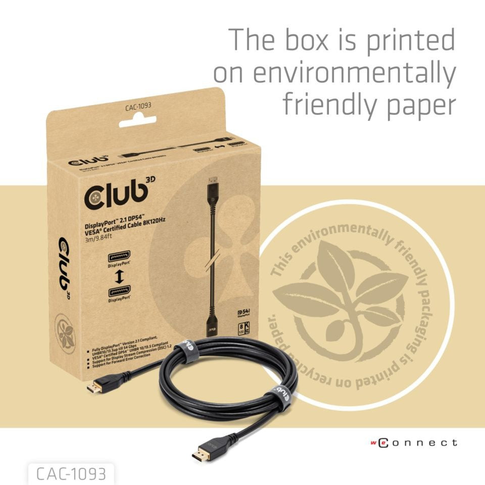 Club 3d displayport 2.1 vesa dp54 gecertificeerde kabel male-male (zwart, 3 meter, 4k 240hz, 8k 120hz, 54gbps)