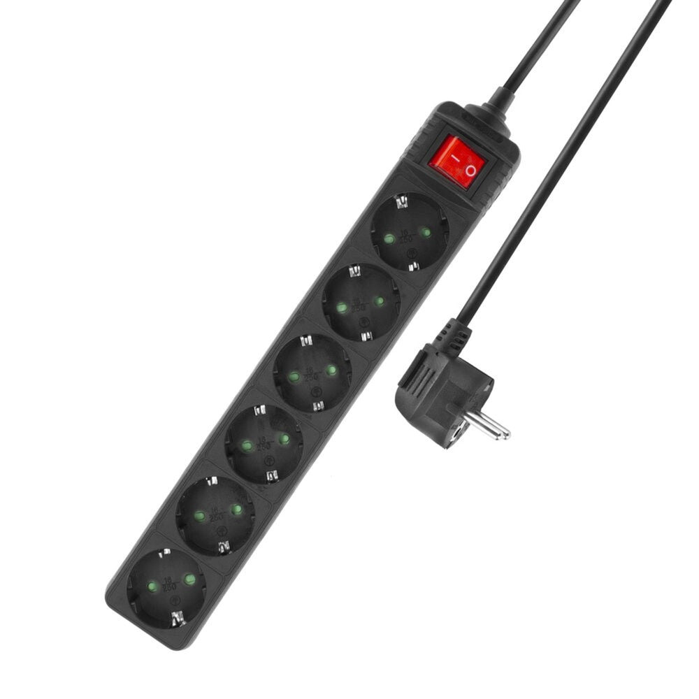 Act stekkerdoos met lichtgevende schakelaar, 6 sockets, 3 m, zwart ac2465