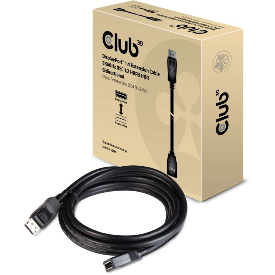 Club 3d displayport 1.4 dsc 1.2 hbr3 hdr bidirectionaal kabel (zwart, 3 meter, 8k 60hz)