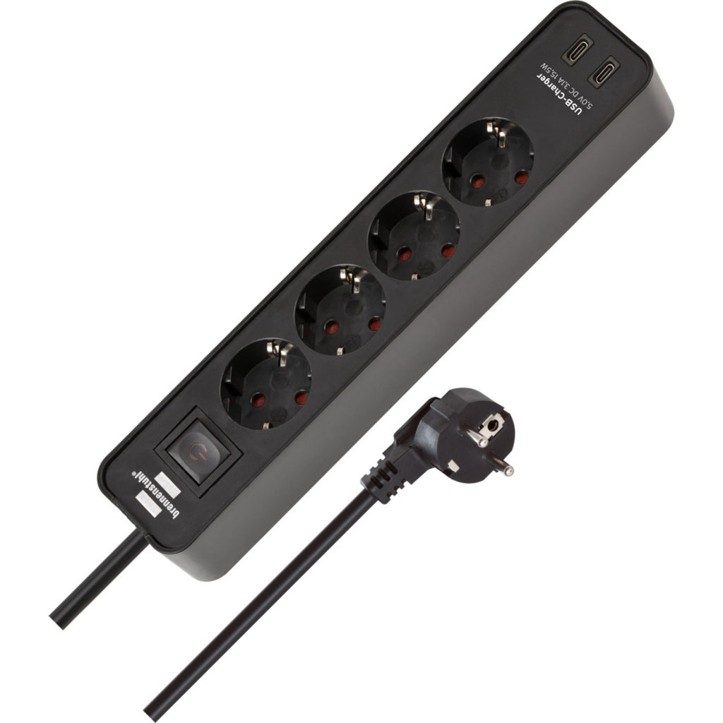 Brennenstuhl ecolor 4-voudige stekkerdoos met 2 usb-laadaansluitingen (zwart, 4x stekker, 2x usb-c, 2x usb-c)