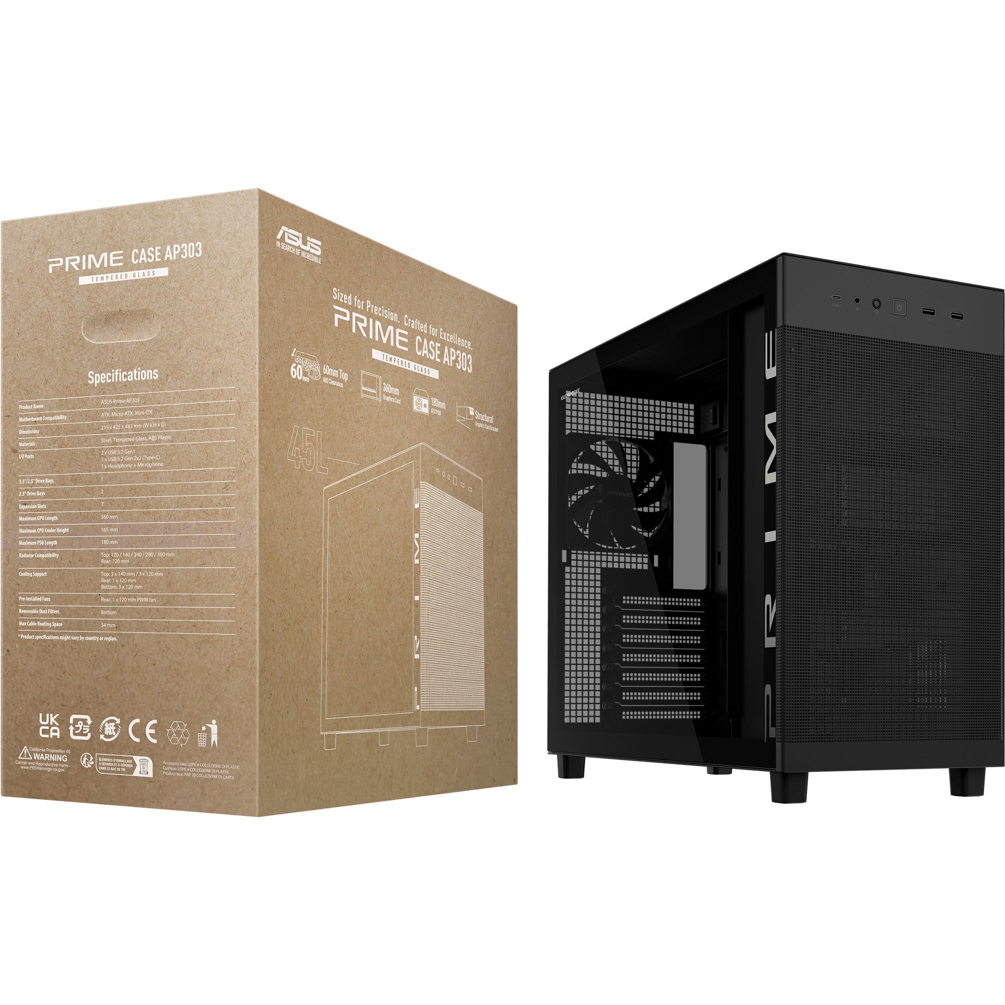 Asus prime ap303 - tempered glass panel midi tower behuizing (zwart | 2x usb-a | 1x usb-c | tempered glass)