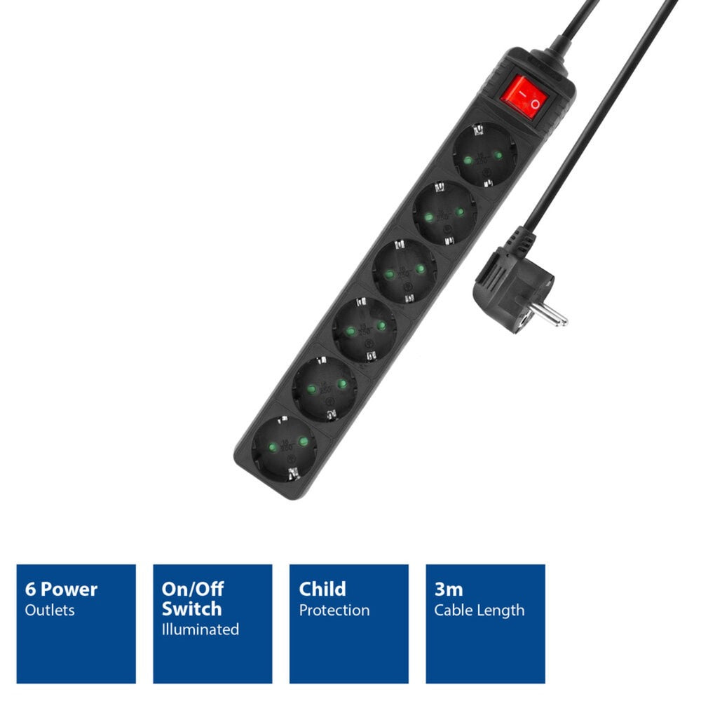 Act stekkerdoos met lichtgevende schakelaar, 6 sockets, 3 m, zwart ac2465