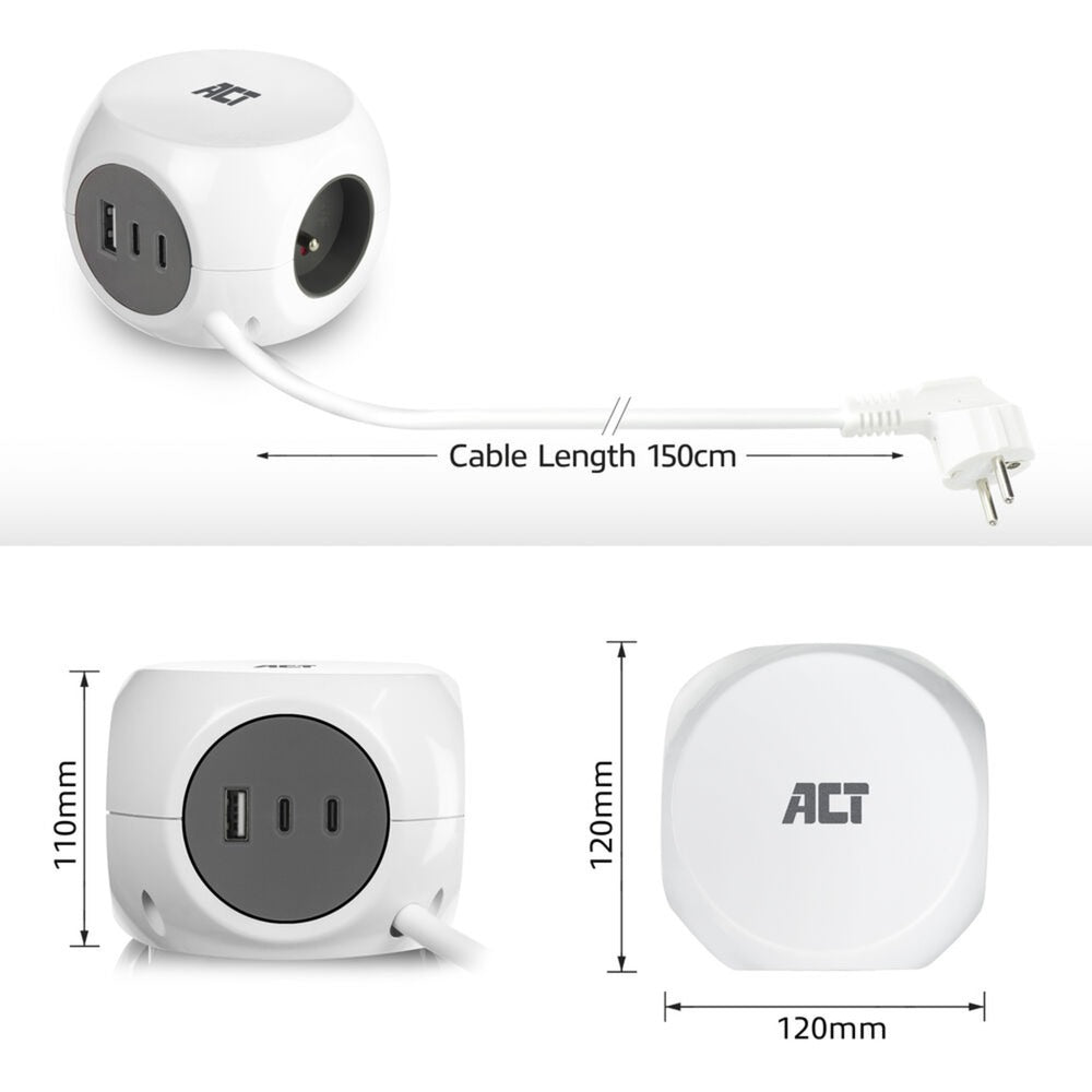 Act connectivity stekkerdoos kubus met 3 stopcontacten, 30w power delivery usb-c a poorten, kabellengte 1,5m stekkerdoos (wit, type e)