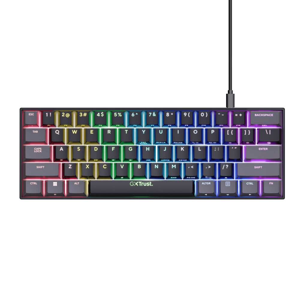 Trust gxt 867 acira 60% mini mechanisch gaming-toetsenbord, gaming toetsenbord (zwart, us lay-out, outemu red, 60%, rgb)