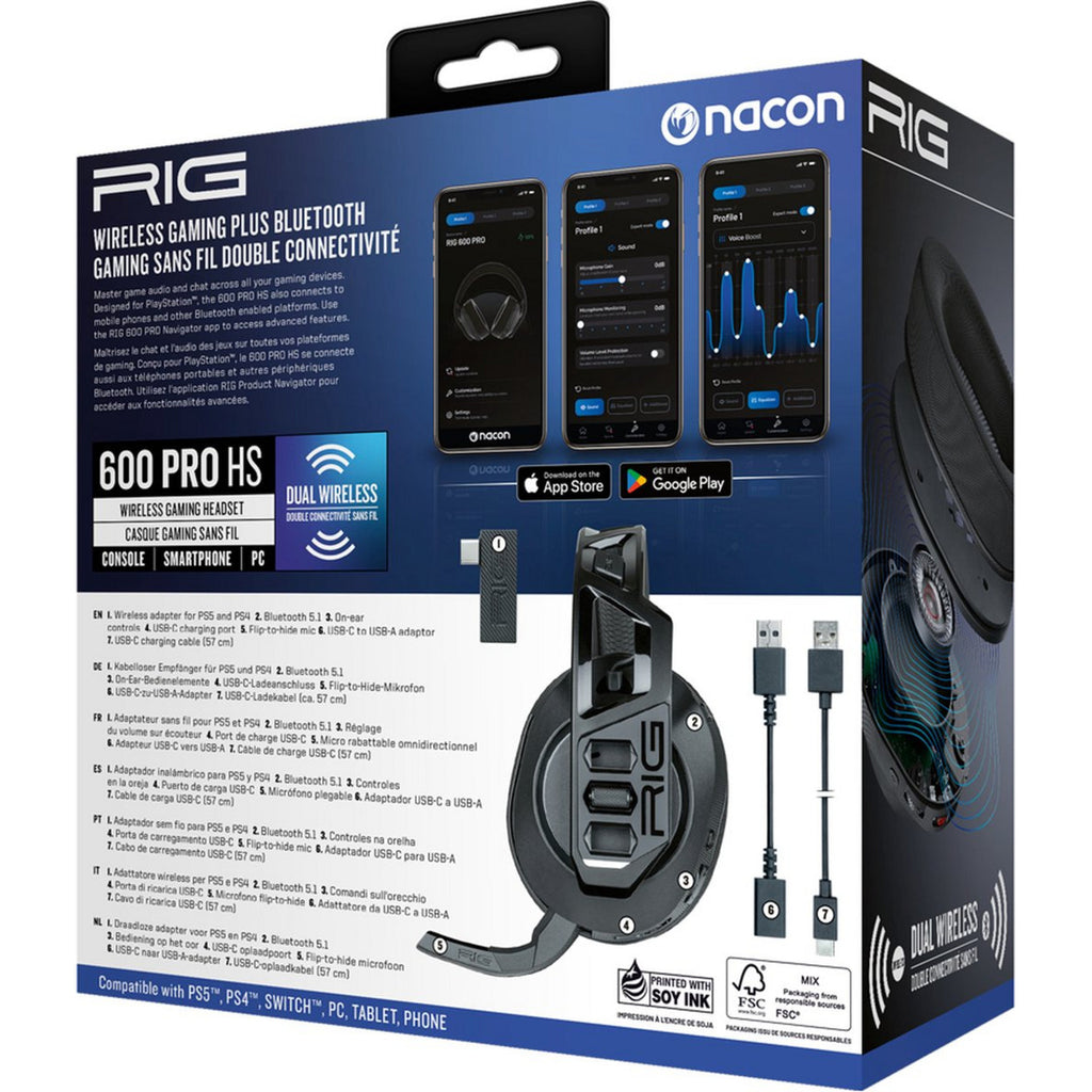 Nacon rig 600 pro hs over-ear gaming headset (zwart, playstation 5, playstation 4, windows, nintendo switch, android, ios)