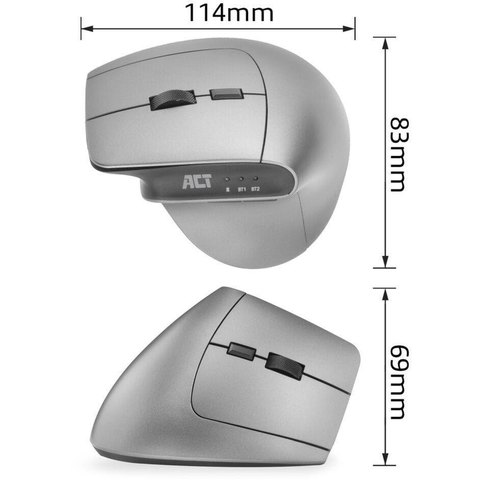 Act connectivity draadloze ergonomische muis met bluetooth en usb-c usb-a (zilver zwart, 1000 - 2400 dpi)