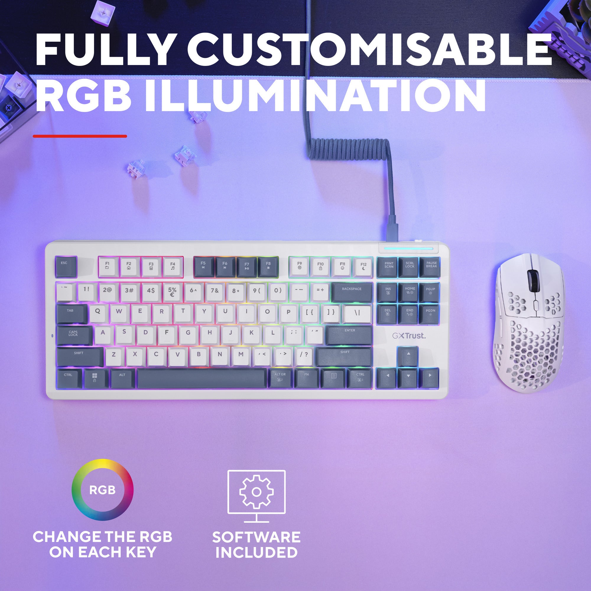 Trust gxt 872 xyra mechanisch tkl-gamingtoetsenbord, gaming toetsenbord (wit, us lay-out, leobog seiya, 80% (tkl), rgb, hot swap)