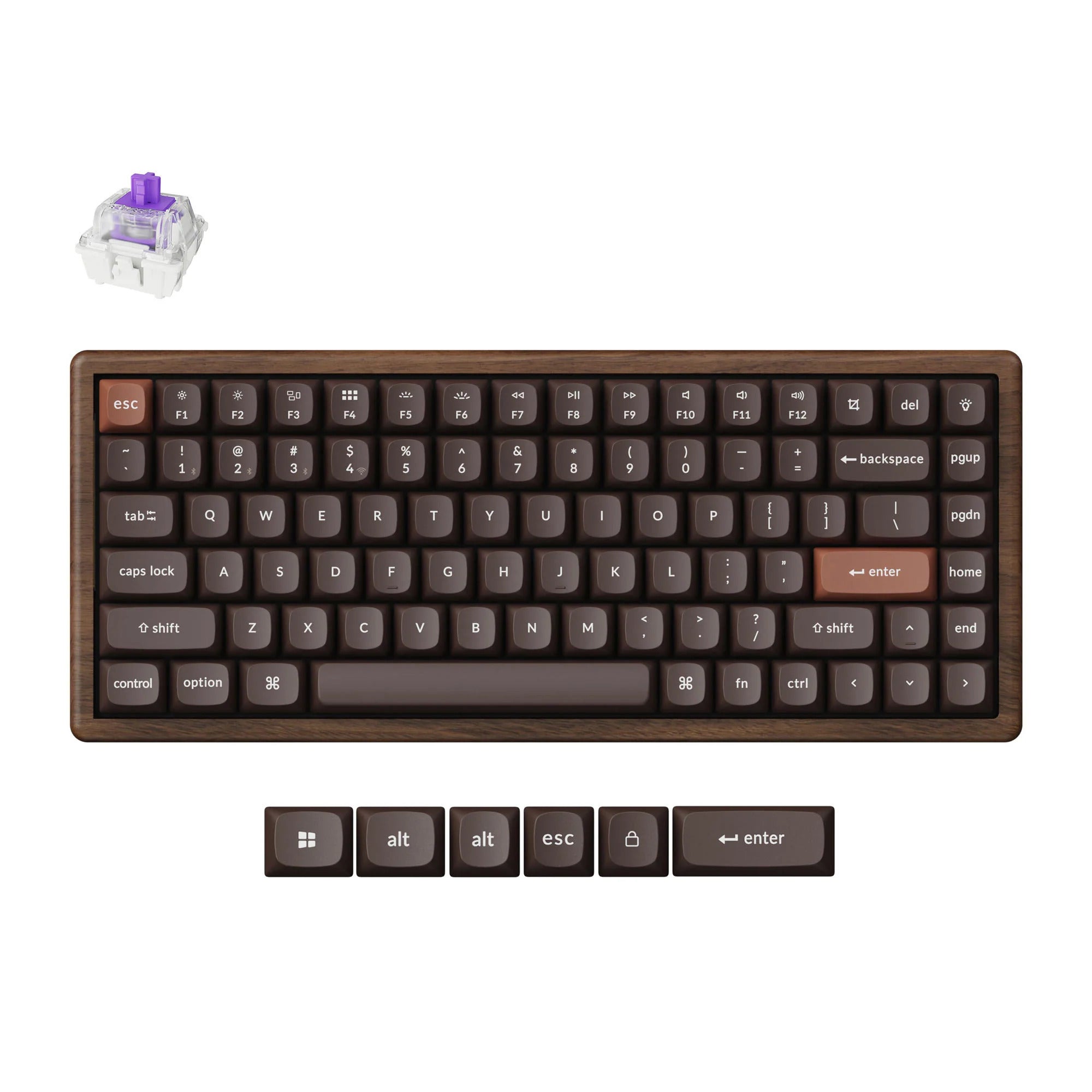 Keychron k2he all-wood special edition mechanisch toetsenbord (houtkleur, us lay-out (qwerty), gateron double-rail magnetic nebula, 75%, gateron double-rail magnetic, osa pbt double-shot, hot swap, bluetooth 5.2 | usb-c)