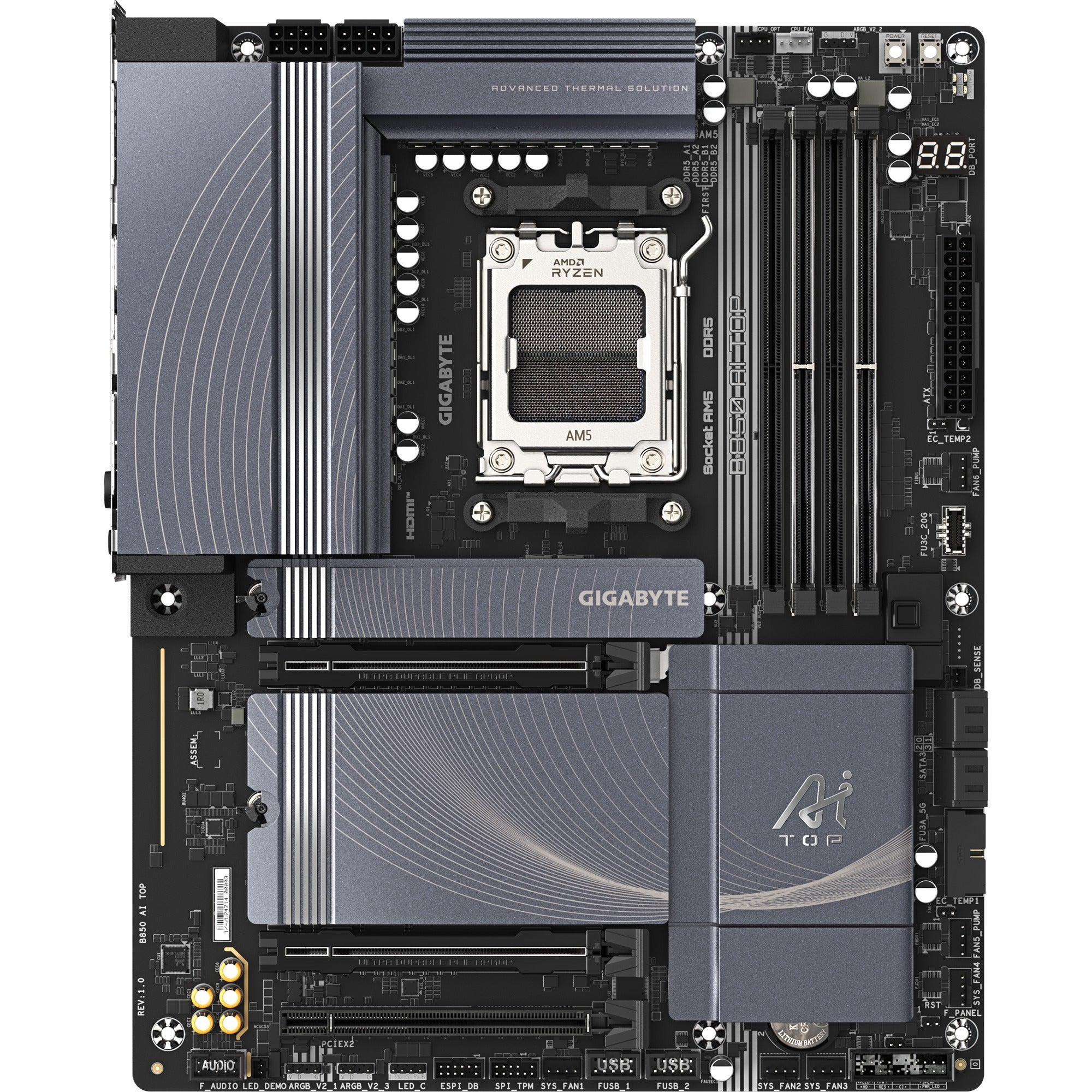 Gigabyte b850 ai top socket am5 moederbord (zwart grijs, raid, 2x 10 gb-lan, wi-fi 7, bt, sound, atx)