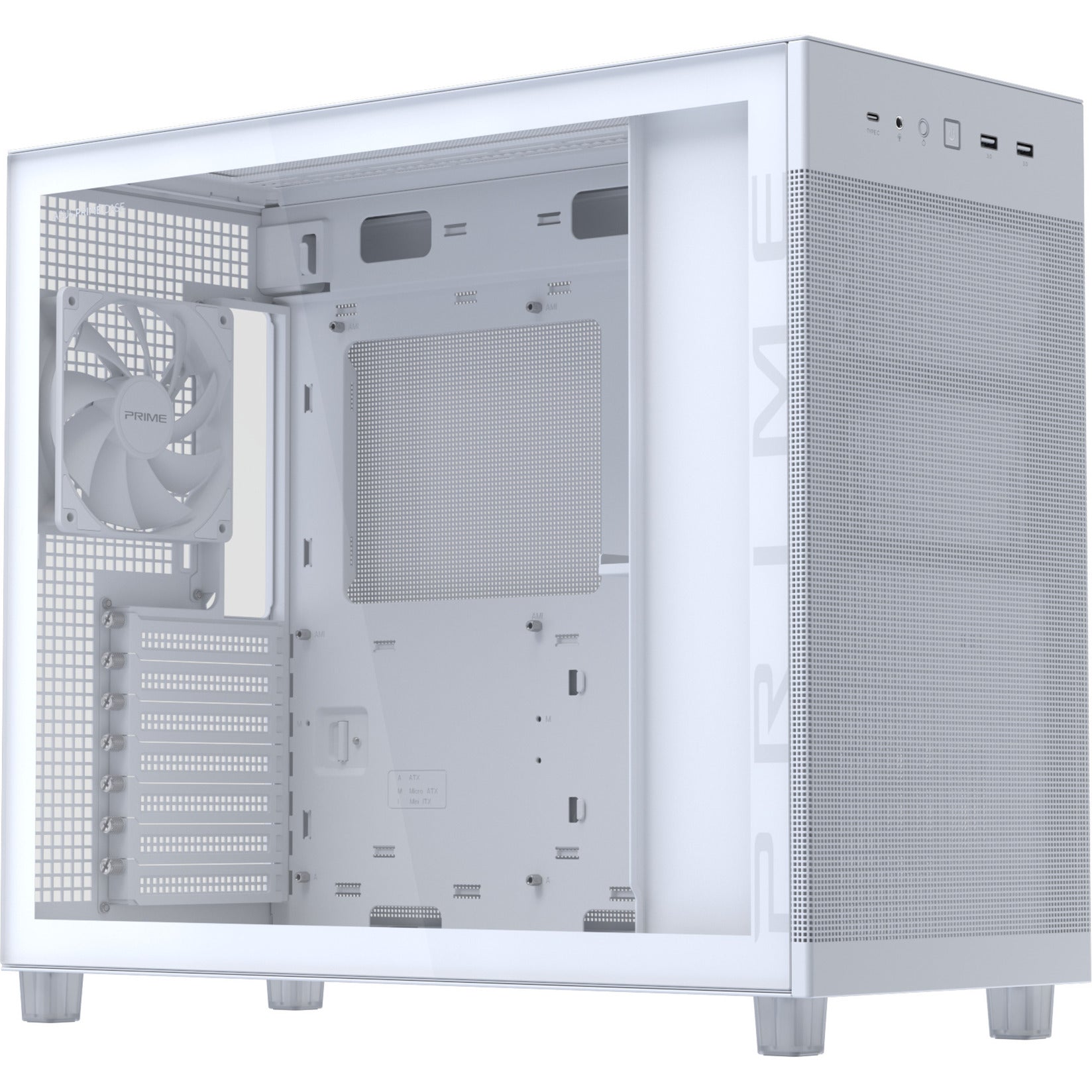 Asus prime ap303 - tempered glass panel midi tower behuizing (wit | 2x usb-a | 1x usb-c | tempered glass)