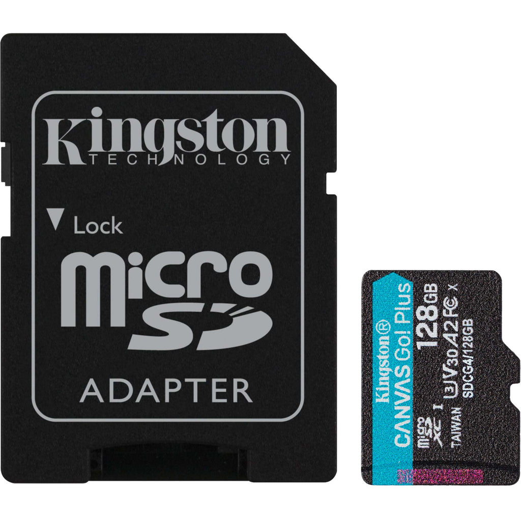 Kingston canvas go! plus microsdxc 128 gb geheugenkaart (zwart, incl. adapter, class 10, uhs-i u3, v30, a2)