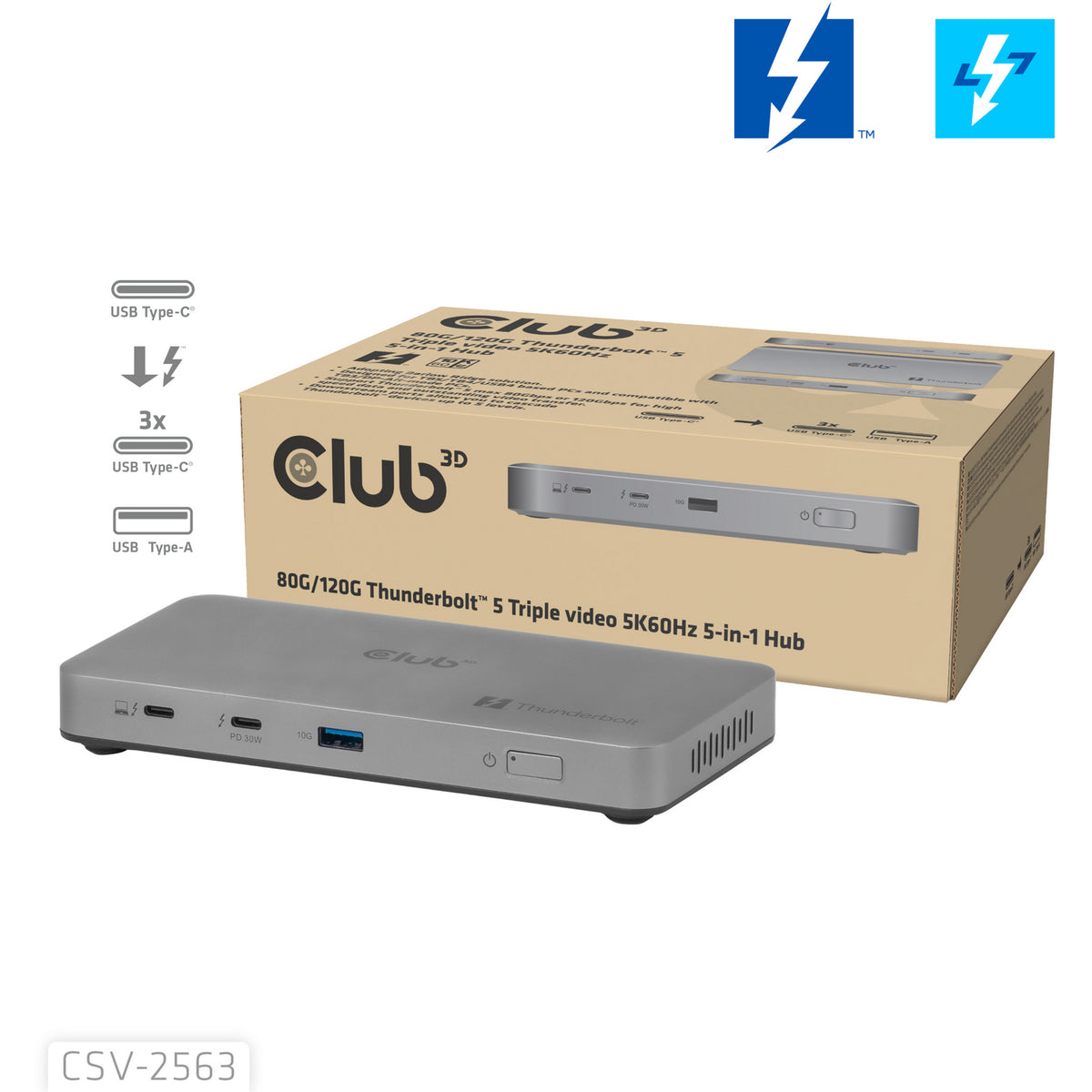 Club 3d 5-1 thunderbolt 5 hub triple video dockingstation (grijs)