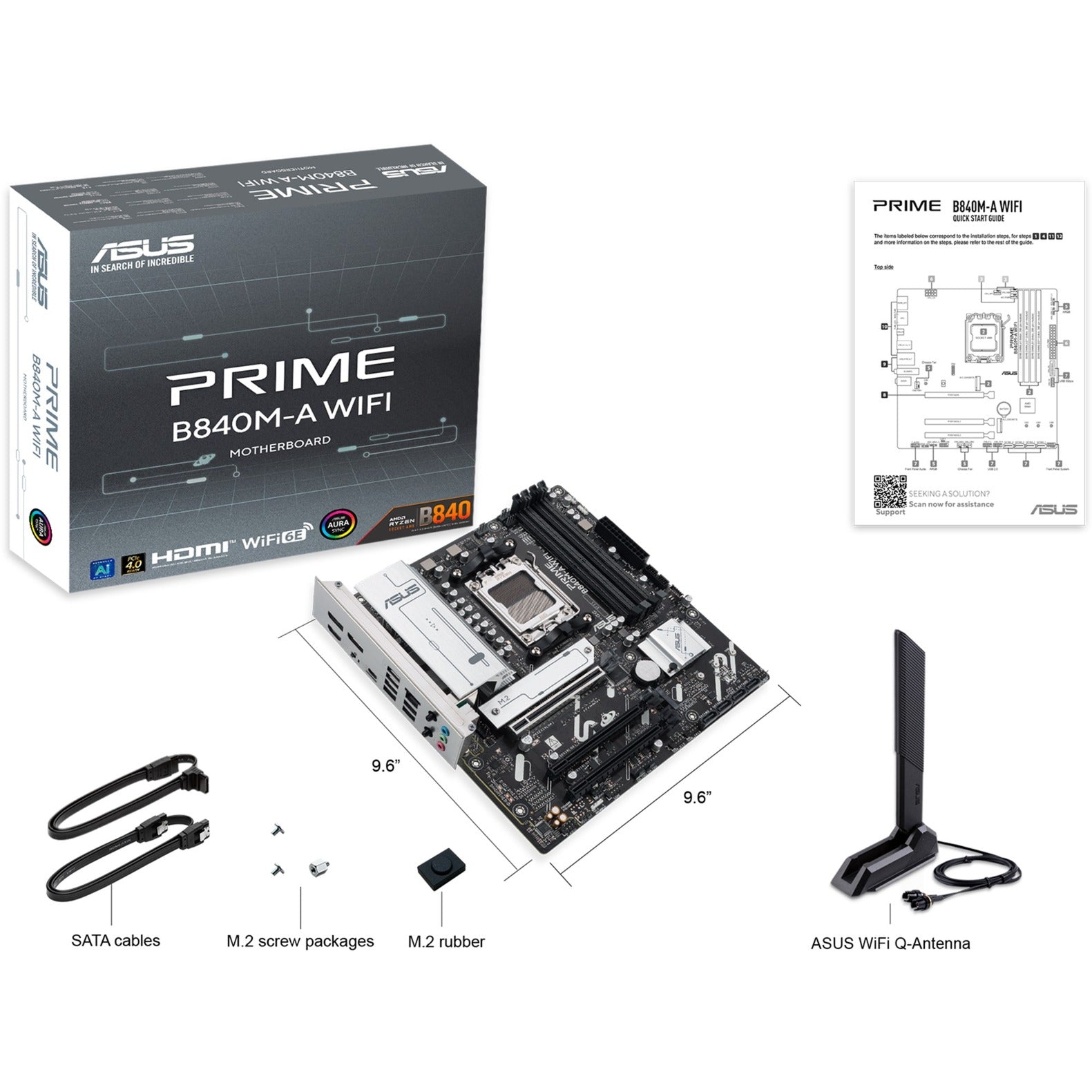 Asus prime b840m-a wifi socket am5 moederbord (2.5 gbe-lan, wi-fi 6e, bt, sound, µatx)