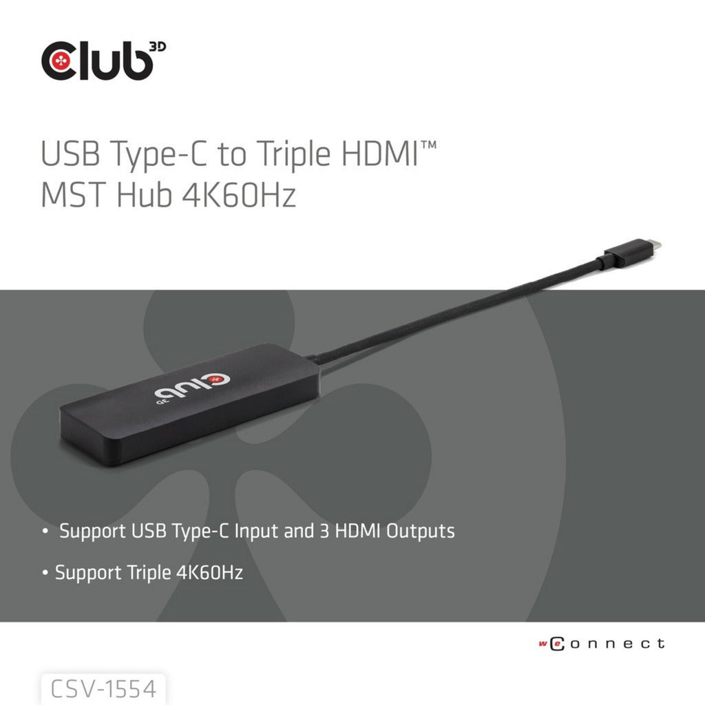 Club 3d usb-c naar triple hdmi mst hub 4k60hz adapter (zwart)