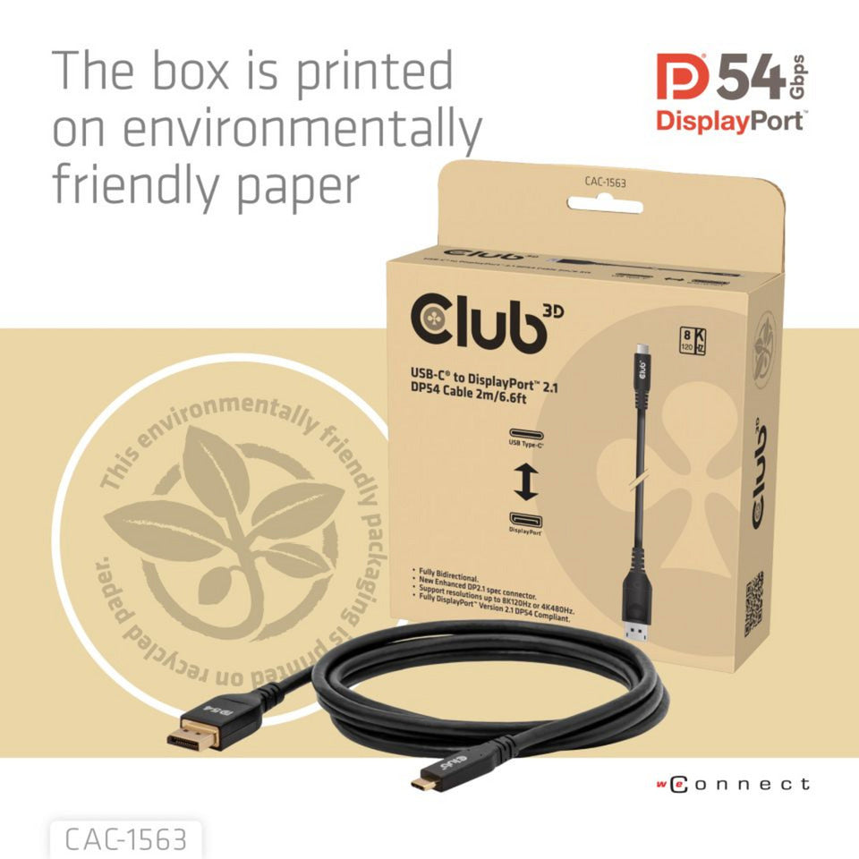 Club 3d usb-c naar displayport 2.1 dp54 bi-directioneel kabel, 8k120hz 2m (zwart)