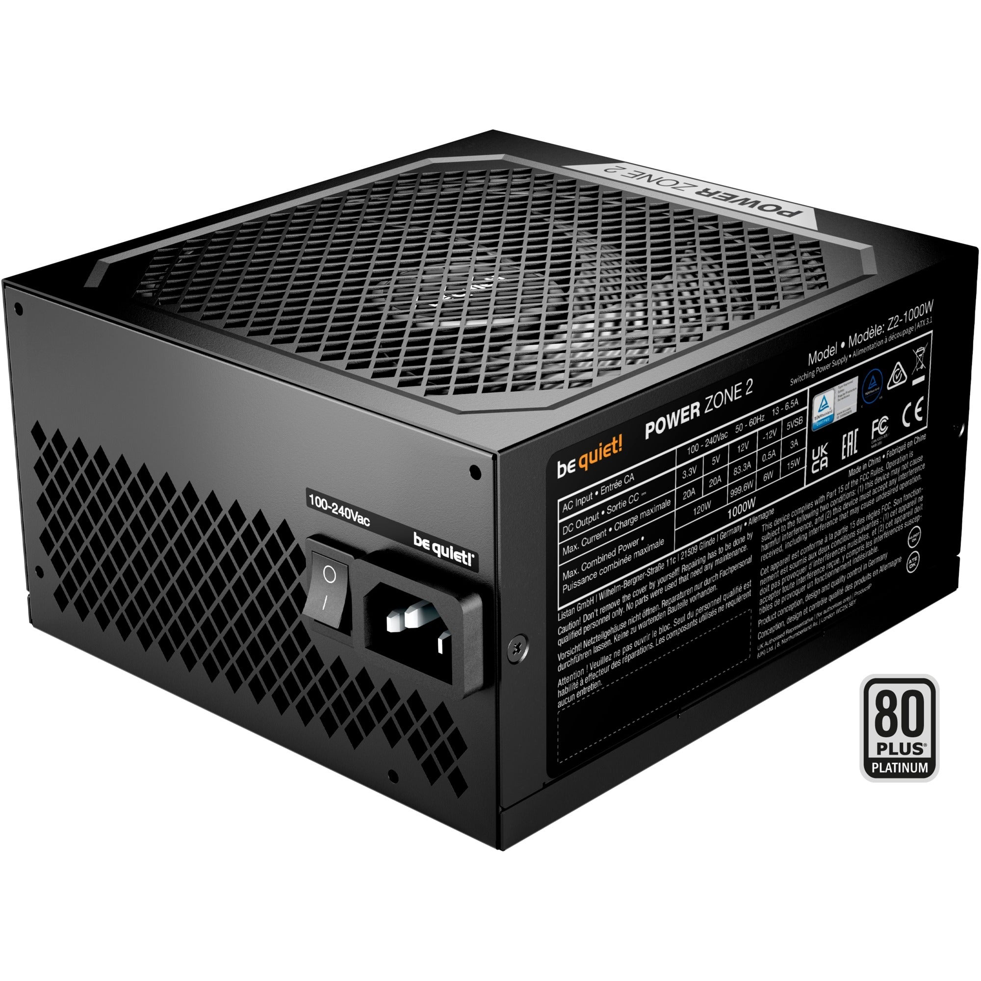 Be quiet! power zone 2 modulaire 1000 watt voeding (zwart, 1x 12v-2x6, 3x pcie)