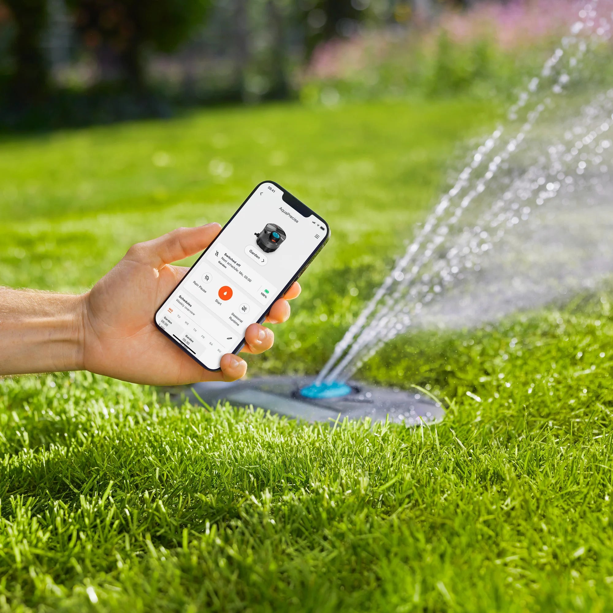 Gardena complete set pipeline irrigatiesysteem aquaprecise op zonne-energie voor gazon sprinklersysteem (grijs turquoise)