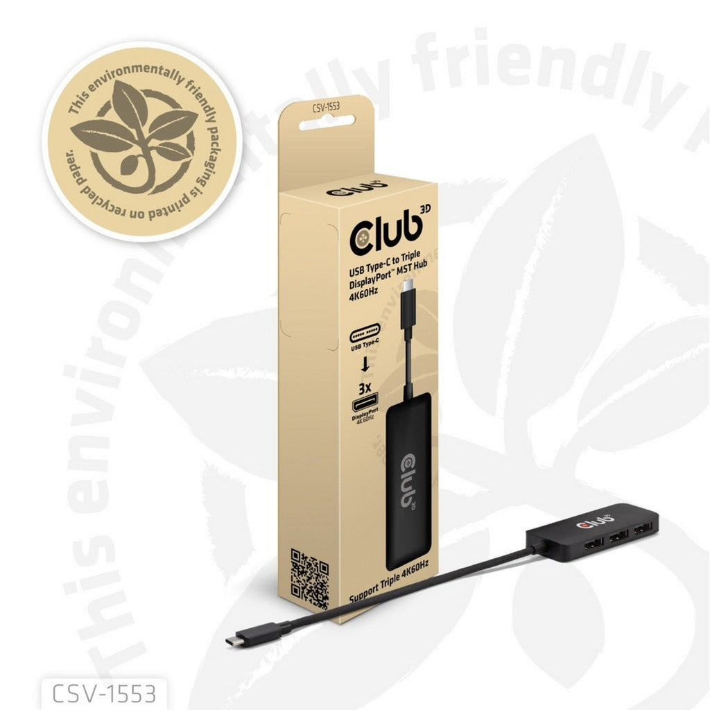 Club 3d usb-c naar triple displayport mst hub (zwart, 4k60hz)