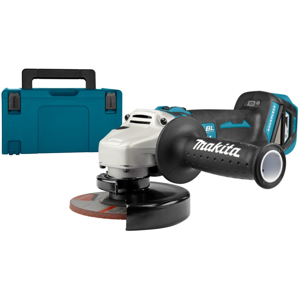Makita 18 v haakse slijper 125 mm dga513zj (blauw zwart, accu en oplader niet inbegrepen, in mbox, met vastzetschakelaar)