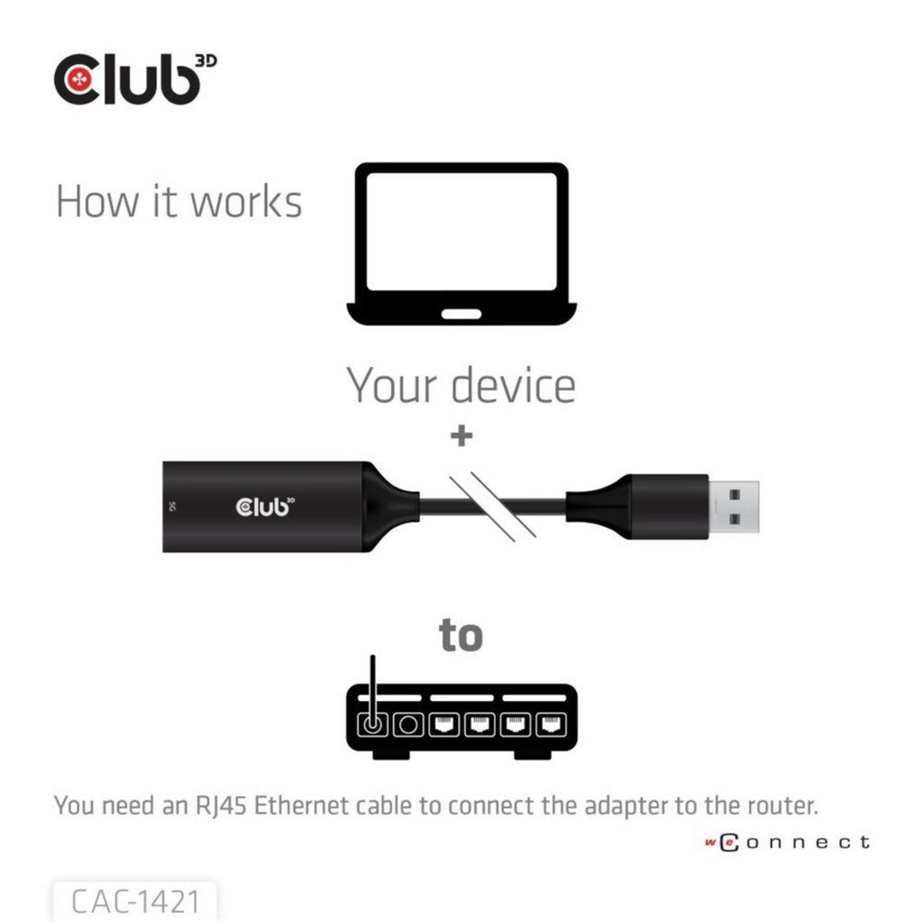 Club 3d usb-a naar rj45 ethernet 5gbps adapter (zwart)