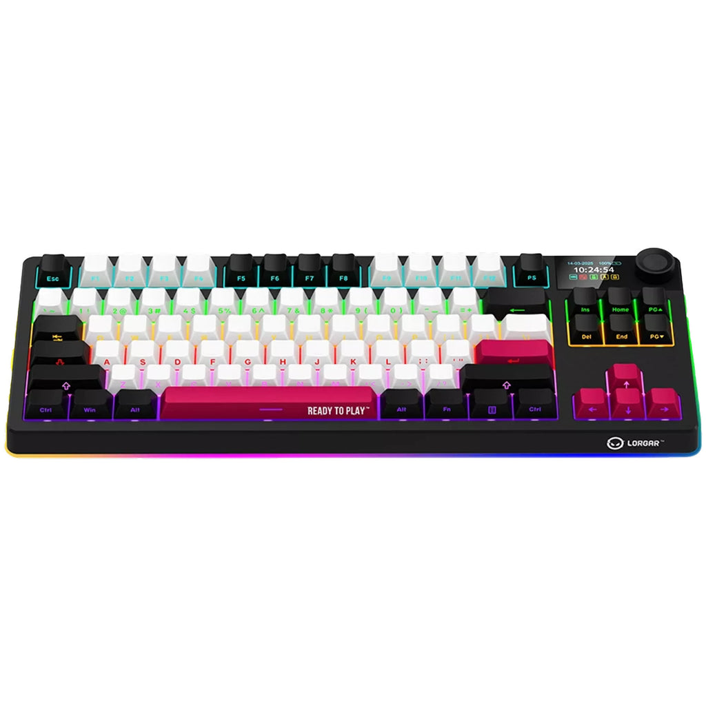 Lorgar kbp70tklw rgb mechanisch gaming toetsenbord (zwart, us lay-out (qwerty), logar toxic purple, 80% (tkl), rgb, hot-swappable, pbt double-shot, bluetooth | 2.4ghz | usb)