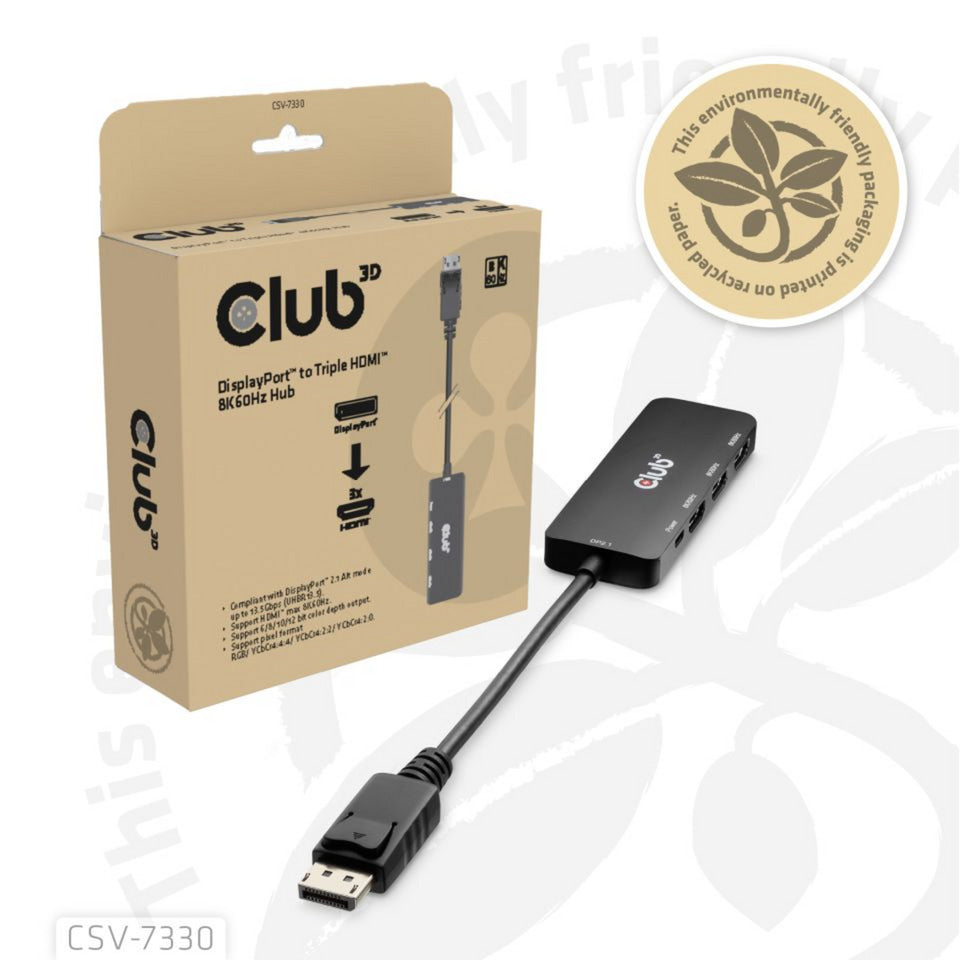 Club 3d displayport naar triple hdmi 8k60hz hub (zwart)