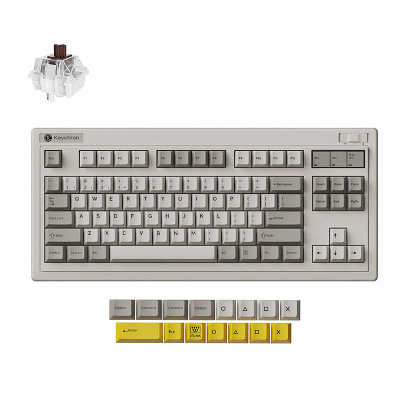Keychron r3-m3 qmk wireless mechanical keyboard (grijs, us lay-out (qwerty), super brown, 80% (tkl) , rgb, cherry pbt, hot swap, 2.4 ghz bluetooth 5.3 usb-c)