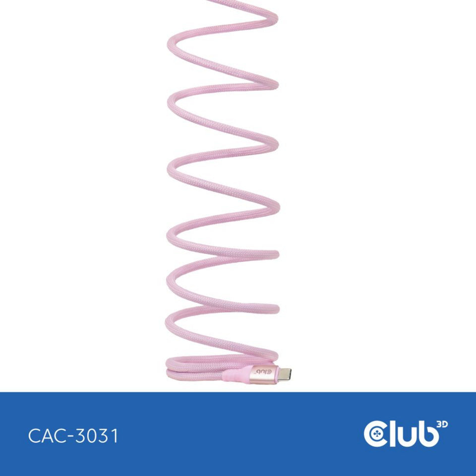 Club 3d usb-c magnetic-coil 240w pd3.1 pink cable, 2 meter kabel (roze)