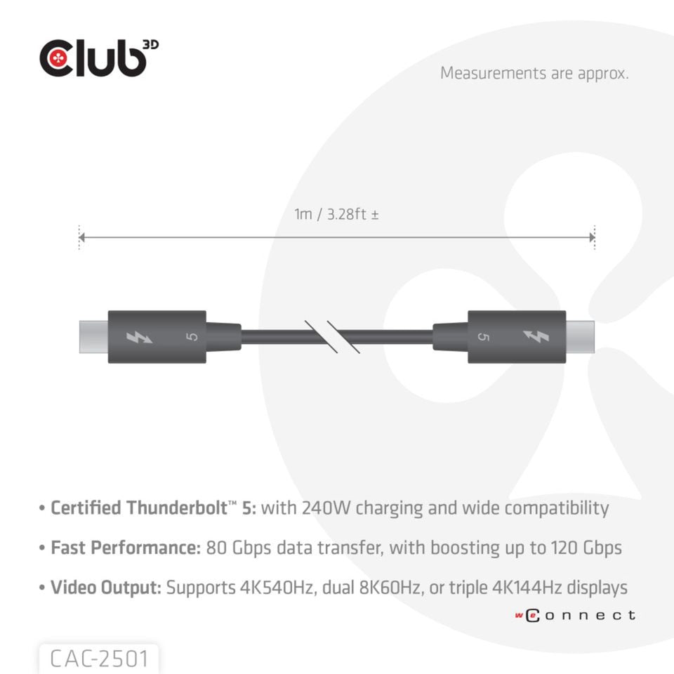 Club 3d thunderbolt 5 gecertificeerde 8k240hz kabel (zwart, data 80 120 gbps, epr 240 watt,1 meter)
