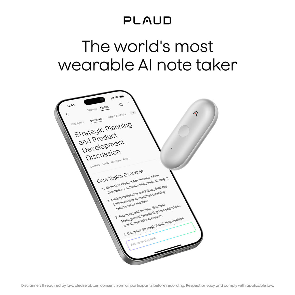 Plaud notepin s dicteerapparaat (zilver, 64 gb, bluetooth 5.2 ble (bluetooth low energy) wi-fi)